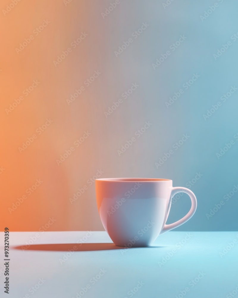 Obraz premium Modern coffee cup on a minimalistic table with pastel blue and orange backdrop in studio lighting