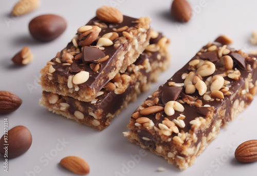 From above of appetizing sweet energy bars with nuts and seeds blank covered with chocolate