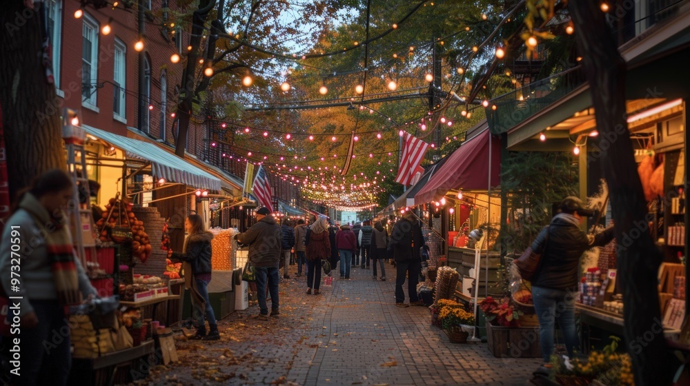 Columbus Day Street Market at Dusk with Festive String Lights and Autumn Decor