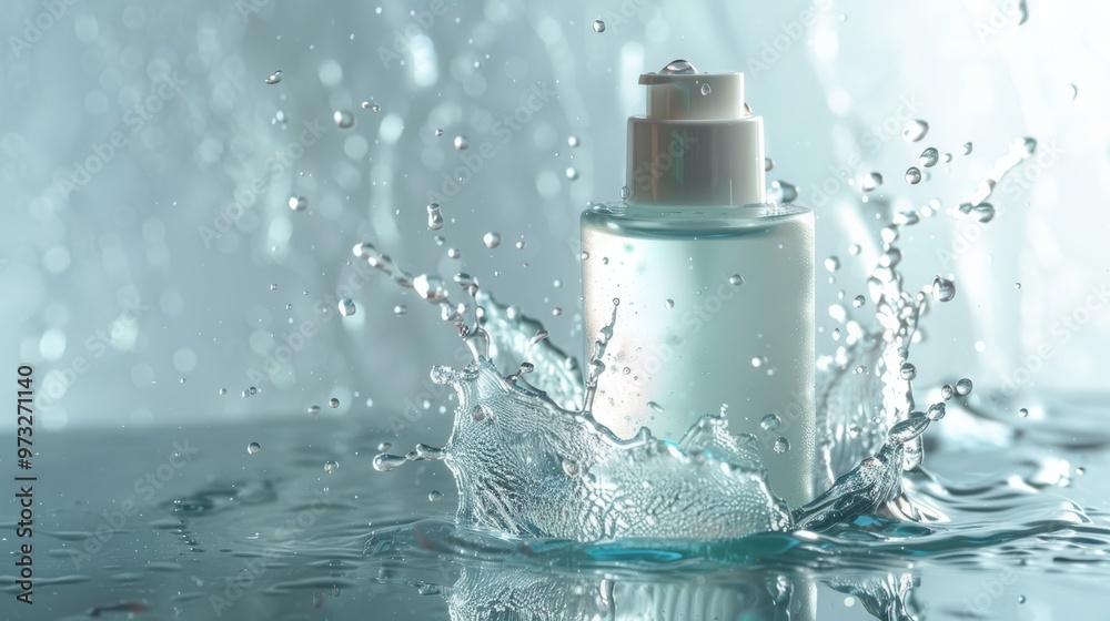 Light background serum bottle with water splash, Close-up photo with clean background Light background serum bottle with water splash, Close-up photo with clean background