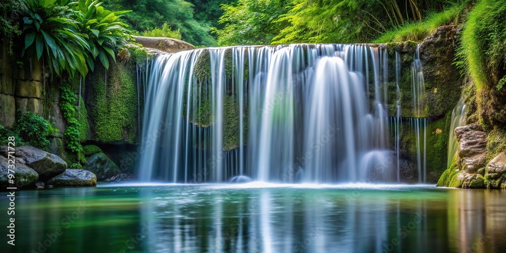 Close-up of a small waterfall cascading into a pond