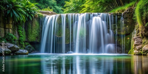 Close-up of a small waterfall cascading into a pond