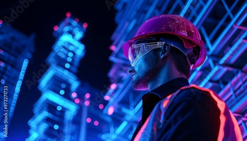 Fototapeta Naklejka Na Ścianę i Meble -  A construction worker in a hard hat and safety gear stands against a futuristic backdrop illuminated with neon lights.