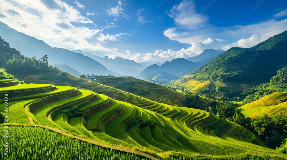 Fototapeta premium Scenic view of rice terraces in Vietnam under a blue sky