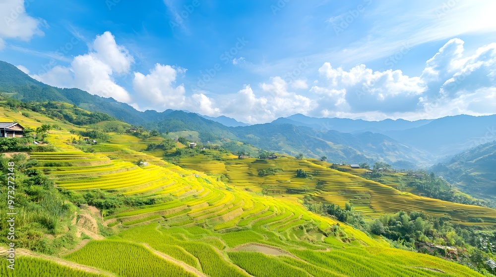 Scenic view of rice terraces in Vietnam under a blue sky Scenic view of rice terraces in Vietnam under a blue sky