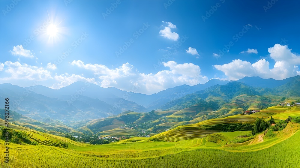 Fototapeta premium Scenic view of rice terraces in Vietnam under a blue sky