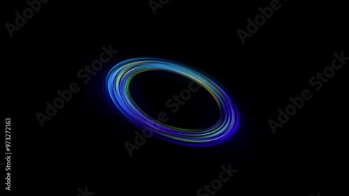 A neon loop spins in the center of the screen. Blue, purple and cyan colors