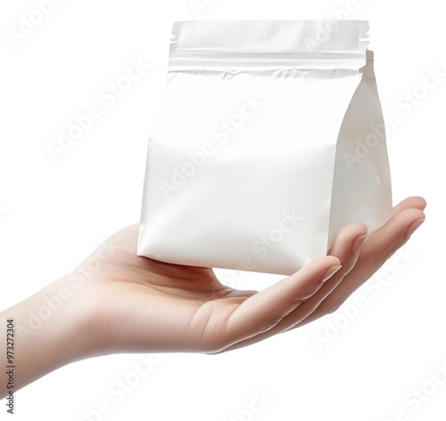 PNG Hand holding a small white packaging bag photo