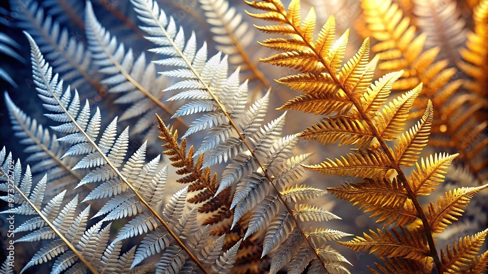 Φωτογραφία Abstract wallpaper with colorful fern leaves and feather abstractions in gold an