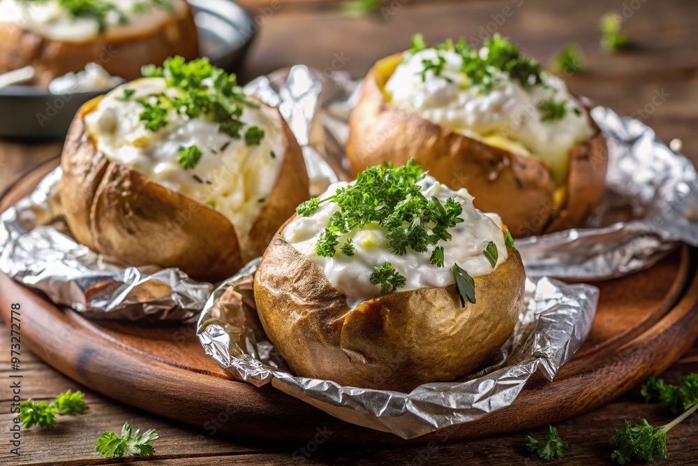 Close-Up of baked potatoes in foil with cream cheese filling on table Close-Up of baked potatoes in foil with cream cheese filling on table