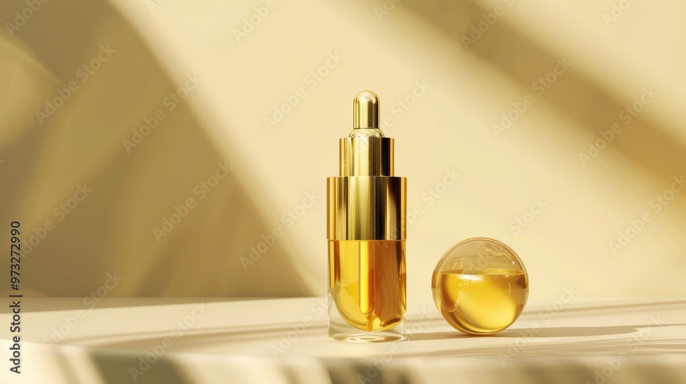 Luxurious golden collagen serum bottle with ball on clean background Close-up photo with clean background Luxurious golden collagen serum bottle with ball on clean background Close-up photo with clean background