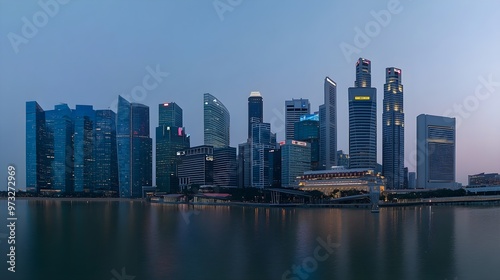 A panoramic view of Singapore's skyline at dusk with modern skyscrapers illuminated against a clear sky