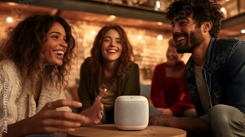 People show off a Bluetooth speaker for listening to music. They are in a room with a loft wall. 