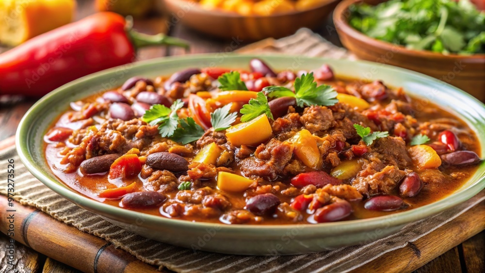 Close-up of chili beans with meat on a plate Close-up of chili beans with meat on a plate