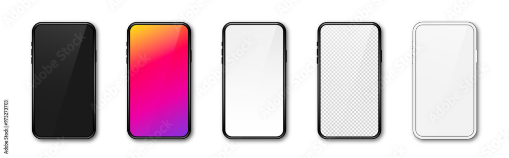 Realistic phone mockup. Set of modern phones with blank, colorful, black and transparent screen. Smartphone design mockup in front view. Presentation and infographic templates. Vector Realistic phone mockup. Set of modern phones with blank, colorful, black and transparent screen. Smartphone design mockup in front view. Presentation and infographic templates. Vector