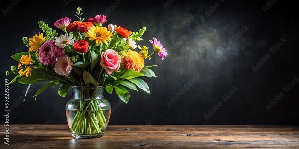 Close-up of colorful flowers in vase on table with leaves, black background Close-up of colorful flowers in vase on table with leaves, black background