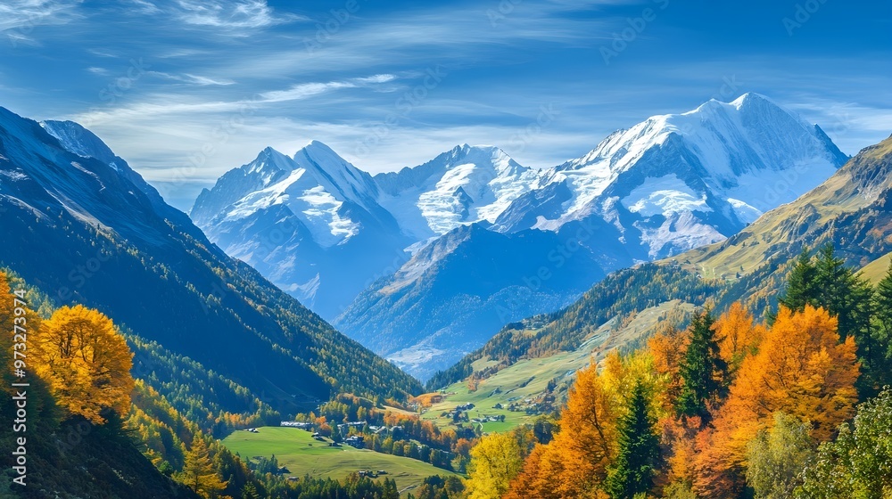A breathtaking view of Mont Blanc with a clear blue sky, showcasing the majestic snow-capped peaks and a serene valley below