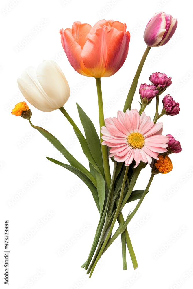 PNG Colorful spring bouquet with tulips and daisies PNG Colorful spring bouquet with tulips and daisies