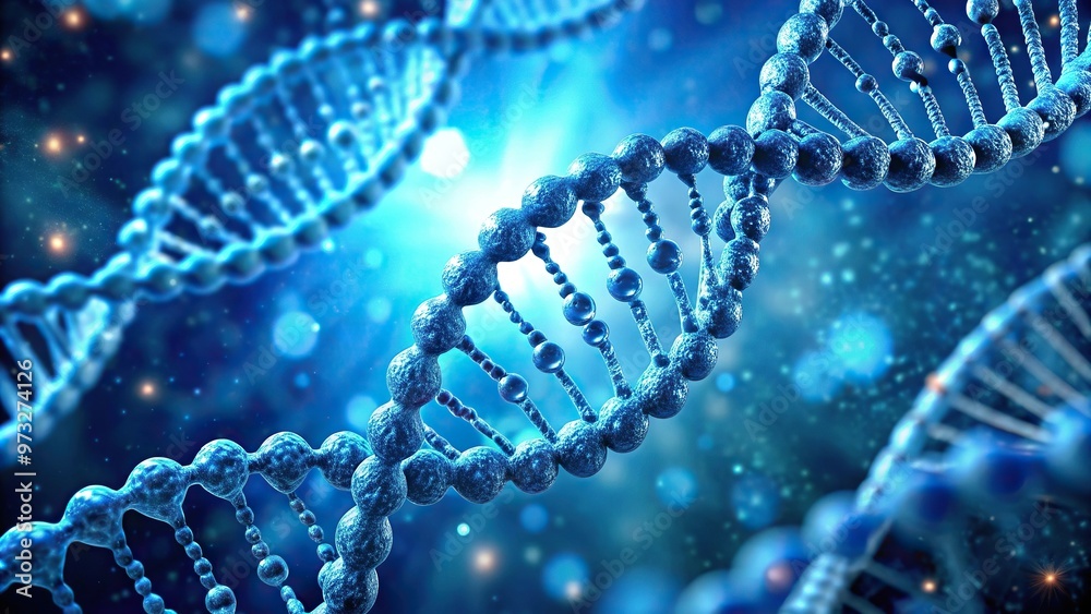 Close-up of DNA genetics under electron microscopy on blue background