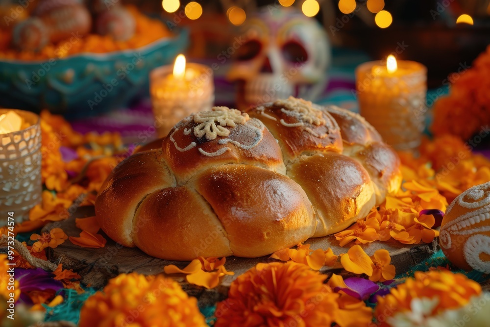 Freshly Baked Pan de Muerto on Festive Altar with Traditional Decorations for Day of the Dead Freshly Baked Pan de Muerto on Festive Altar with Traditional Decorations for Day of the Dead