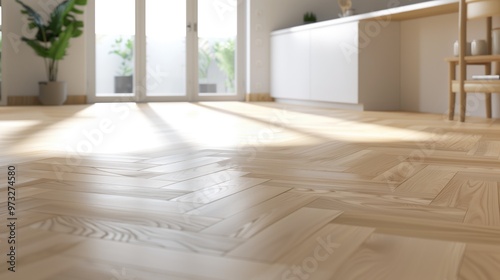 light colored hardwood herringbone style flooring low angle, light and bright, modern and minimalist kitchen room