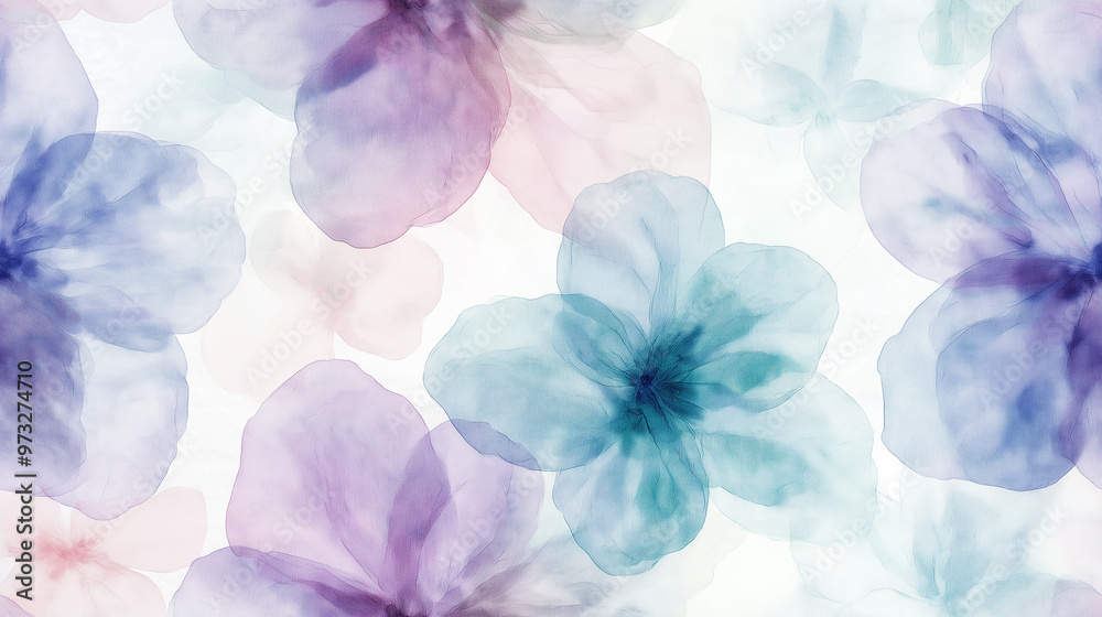 A soft floral pattern with large, translucent flowers in pastel shades of blue, purple, and pink on a white background. A soft floral pattern with large, translucent flowers in pastel shades of blue, purple, and pink on a white background.