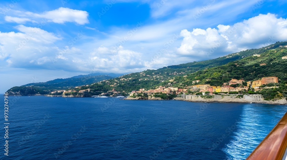 A scenic view from the deck of a Mediterranean cruise, showcasing beautiful coastal towns and lush greenery in the distance A scenic view from the deck of a Mediterranean cruise, showcasing beautiful coastal towns and lush greenery in the distance
