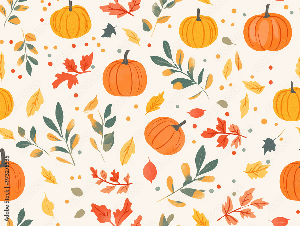 Seamless pattern of pumpkins and autumn leaves in warm orange, yellow, and green tones, capturing the essence of fall. The playful yet elegant design suits seasonal decorations. Seamless pattern of pumpkins and autumn leaves in warm orange, yellow, and green tones, capturing the essence of fall. The playful yet elegant design suits seasonal decorations.