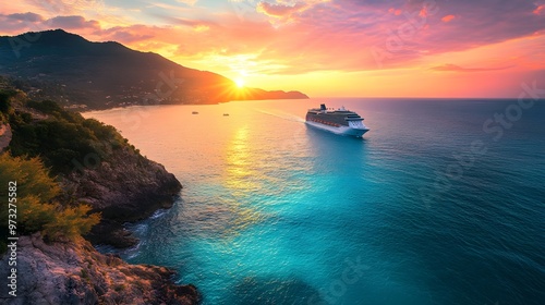 Scenic view of a cruise ship sailing through turquoise waters off the coast of Mexico, with a vibrant sunset in the background