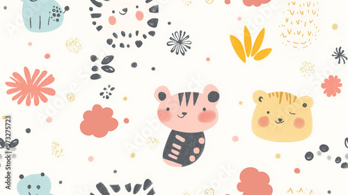 Playful seamless pattern featuring hand-drawn animals and flowers in soft pastel tones. Ideal for children’s products, baby decor, or light-hearted, joyful designs.