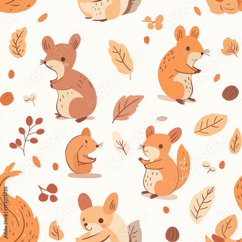 Charming seamless pattern with illustrated squirrels and leaves in autumn colors, perfect for seasonal projects and children’s designs with a cozy, woodland vibe.