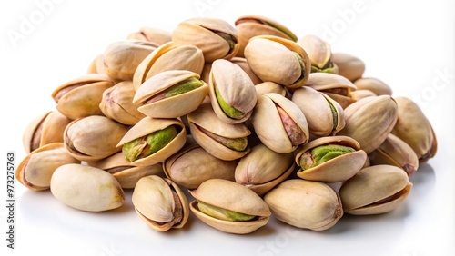 Close-up of isolated pistachios on white background