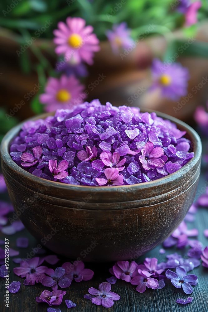 Bowl of purple bath salts, surrounded by delicate flowers, dark wooden table Bowl of purple bath salts, surrounded by delicate flowers, dark wooden table