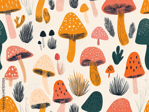 Seamless pattern with various mushrooms in orange, beige, and dark green on a light background, perfect for nature-themed projects.