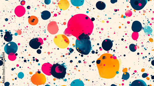 Colorful seamless pattern with splashes and dots in various bright hues on a light background. The lively and playful design creates a sense of fun and celebration.