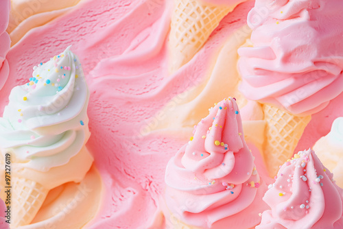 Seamless pattern of pastel-colored ice cream swirls and cones with sprinkles. The soft, creamy tones and playful details make it a delightful and sweet design.