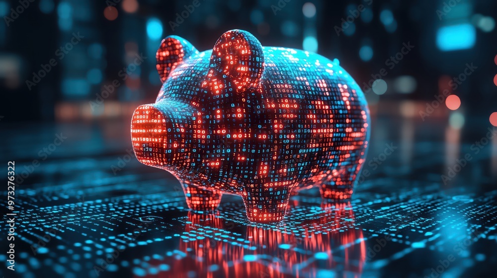 custom made wallpaper toronto digitalDigital piggy bank made of binary code, glowing blue, representing fintech