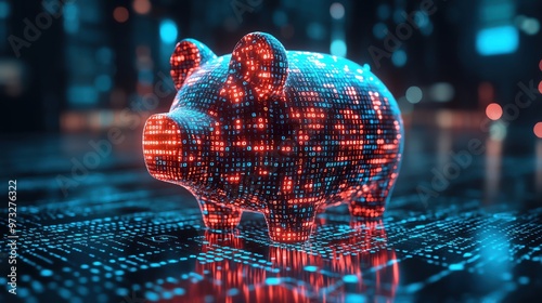 Wallpaper Mural Digital piggy bank made of binary code, glowing blue, representing fintech Torontodigital.ca