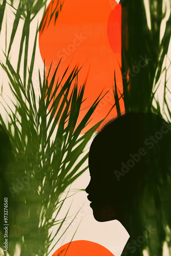 Silhouette of a person in profile with palm leaves and a large orange sun in the background, creating a tropical, serene atmosphere with contrasting shadows and light.