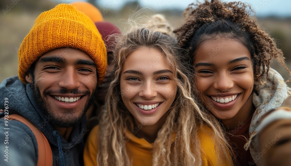 Group of diverse friends smiling widely, taking a selfie outdoors Group of diverse friends smiling widely, taking a selfie outdoors