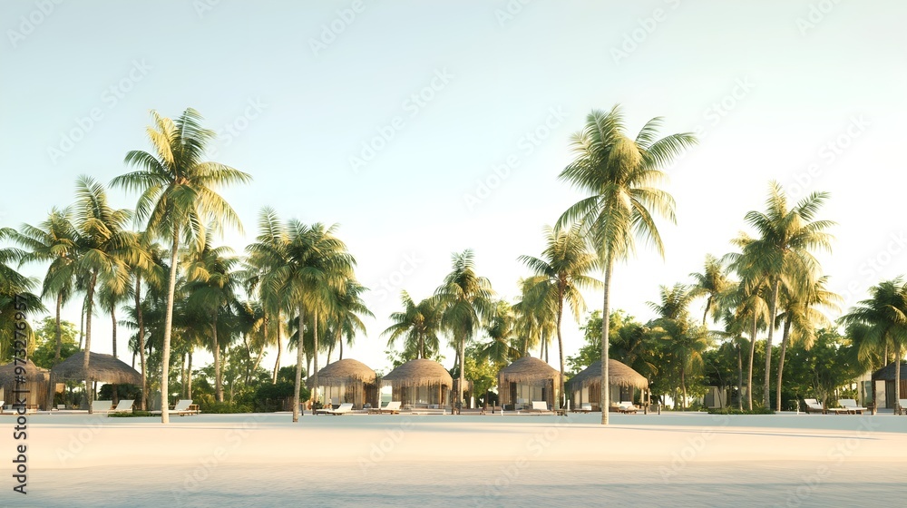 A serene beachfront resort with palm trees swaying gently in the breeze, set against a light solid color background A serene beachfront resort with palm trees swaying gently in the breeze, set against a light solid color background