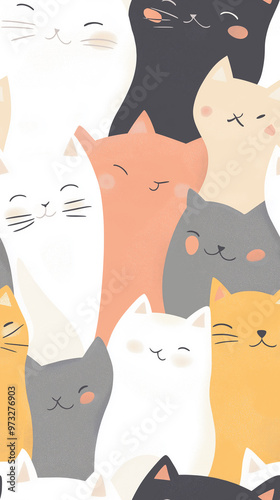 Cute pattern featuring smiling cartoon cats in soft pastel colors, creating a playful and adorable atmosphere perfect for children’s designs or playful themes.