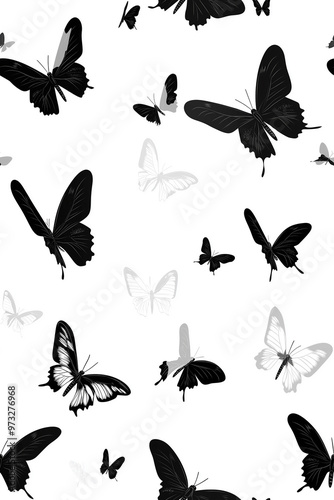 Elegant black and white butterfly pattern in different sizes on a white background, offering a minimalist yet striking design that is both simple and visually appealing.