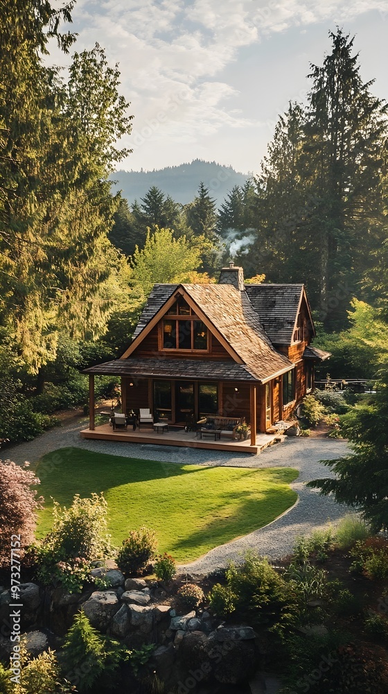 A cozy resort cabin nestled in a lush green landscape, perfect for a peaceful getaway A cozy resort cabin nestled in a lush green landscape, perfect for a peaceful getaway