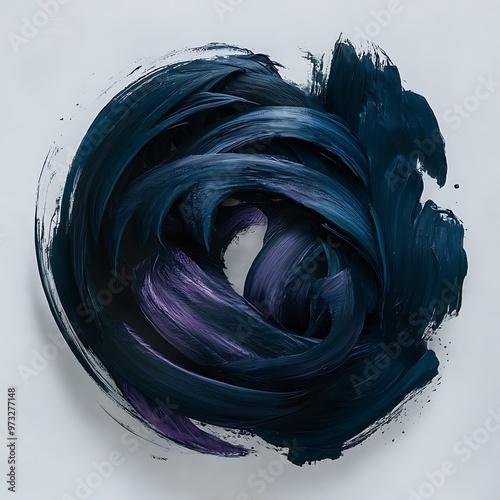 Abstract painting with dark blue and purple brush strokes on white