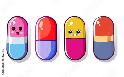 set cute children-style pills and vitamins in capsules