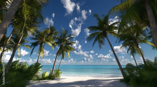 A tranquil beach resort scene with palm trees swaying in the gentle breeze and a clear blue sky