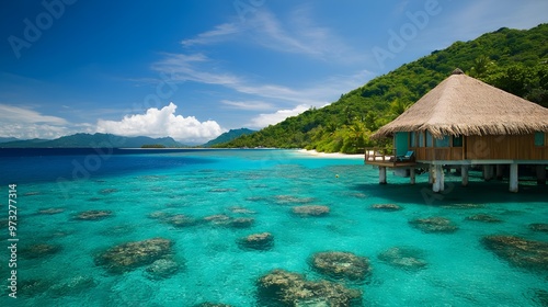 A serene overwater bungalow nestled among turquoise waters, surrounded by lush greenery and a clear blue sky