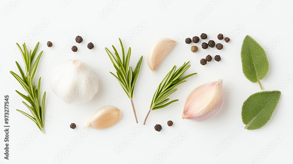 Rosemary, garlic cloves, sage, and peppercorns on a white background. Rosemary, garlic cloves, sage, and peppercorns on a white background.