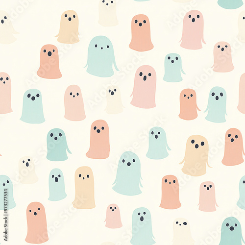 A seamless pattern with pastel-colored cute ghosts scattered across a light background, giving a playful and cheerful Halloween vibe.